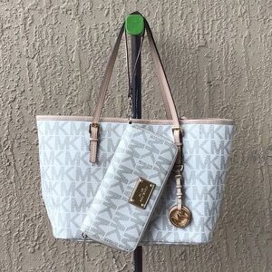 Michael Kors Signature White and Tan Tote